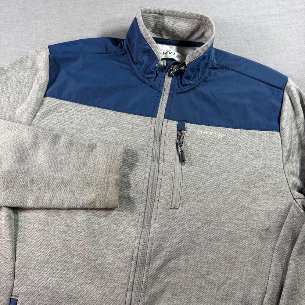 Orvis Full Zip Fleece Jacket Mens Medium Grey Navy Excellent Mock Neck Outdoor
